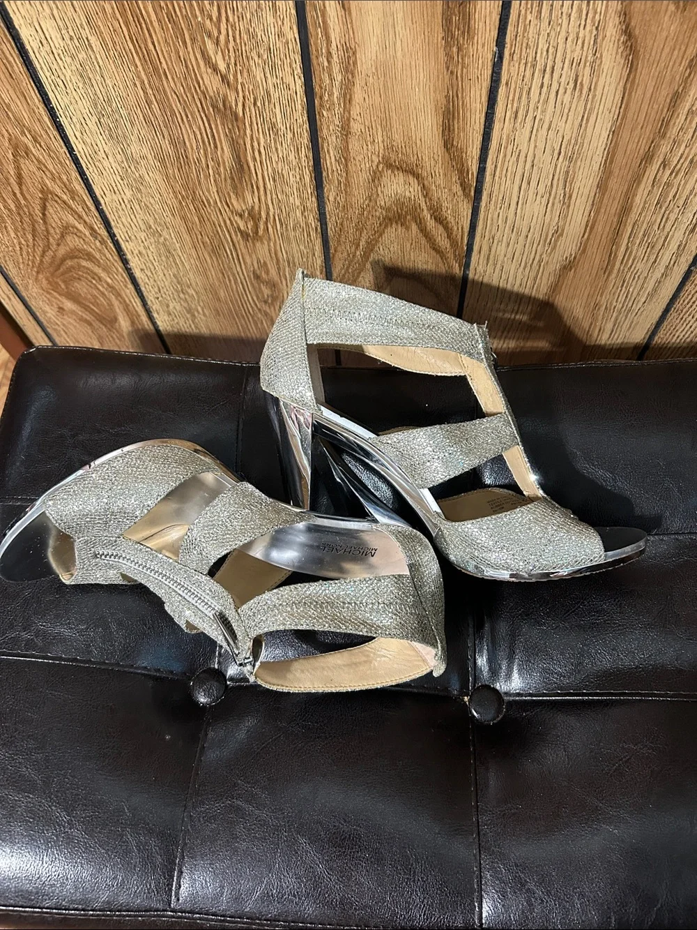 Michael Kors Glitter Gold Strappy High Heel Sandals with Front Zip
